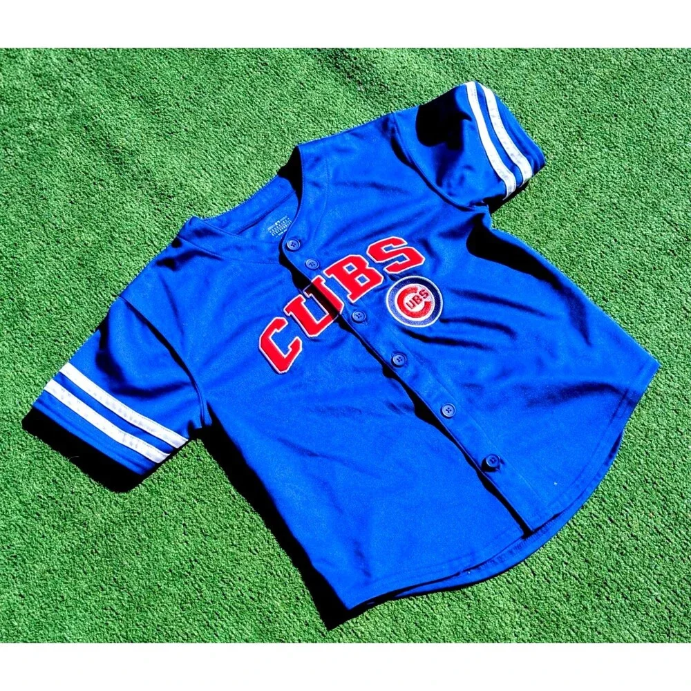 Chicago Cubs MLB Baseball Blue Jersey Boys Sml 6/7 Button Front Jersey Shirt EUC